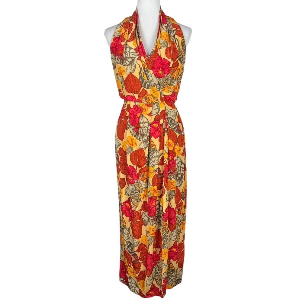 Vintage Silk Floral Maxi Wrap Dress Womens XS 80s 90s